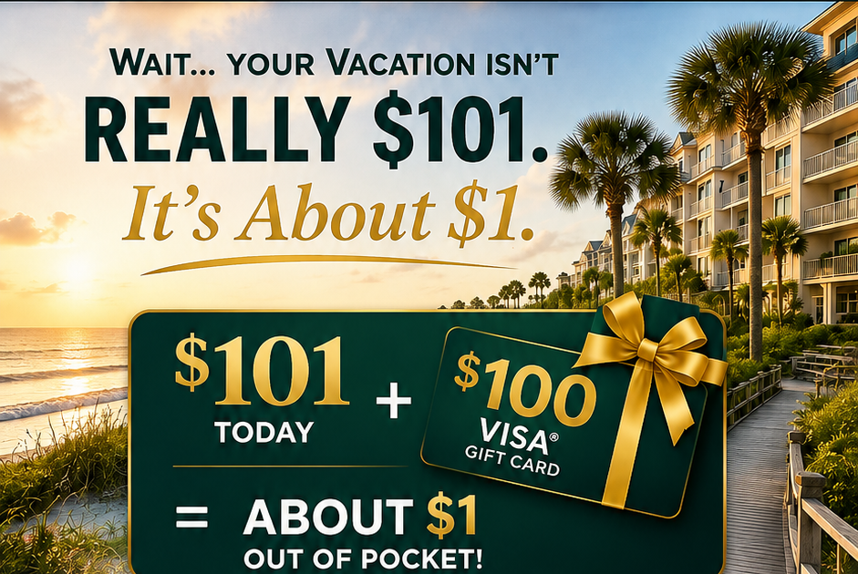 Luxury Hilton Head beachfront getaway offer: $101 today plus a $100 Visa Gift Card, about $1 out of pocket.